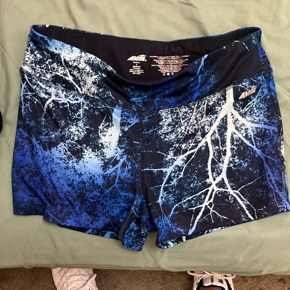 Avia Blue and White Athletic Shorts with Tie-Dye Design